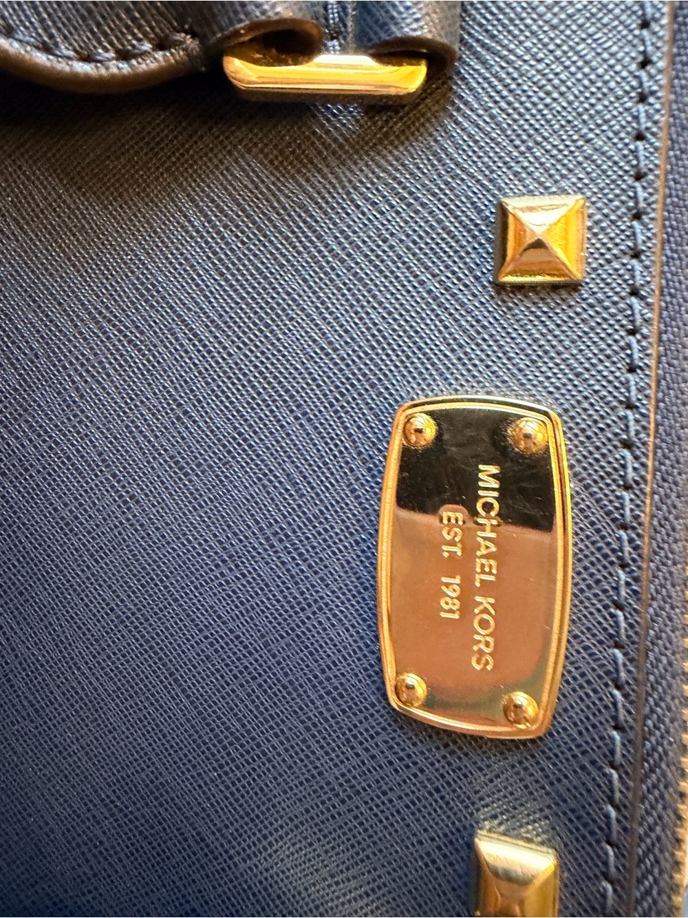 Michael Kors Navy Saffiano Leather Crossbody with Gold Hardware and Studs